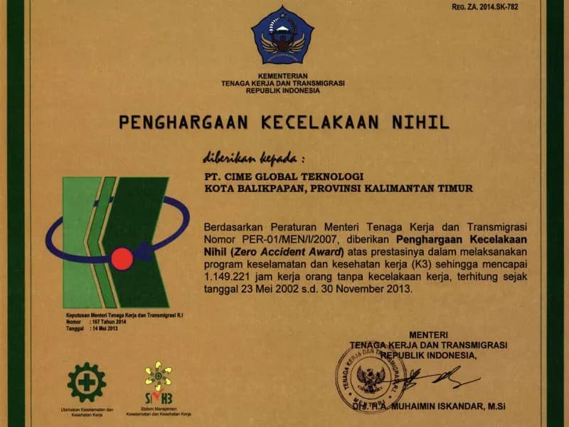 Zero Accident Award — 1,149,221 jam kerja