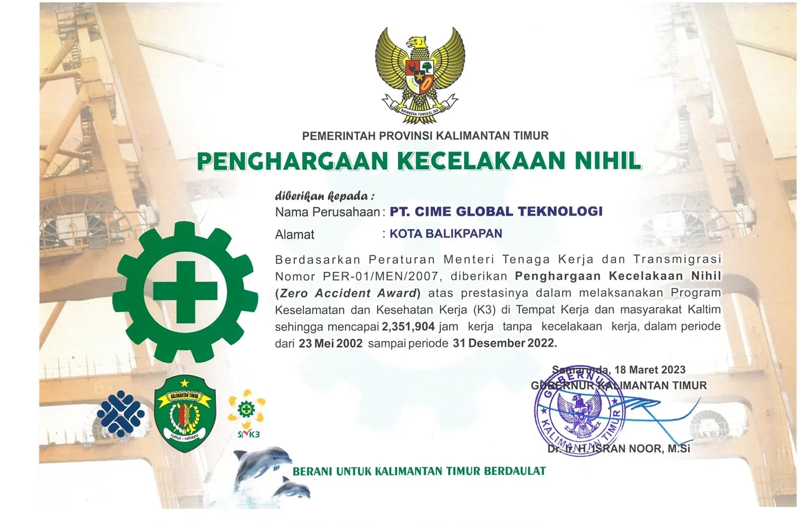 Zero Accident Award — 2,351,904 jam kerja