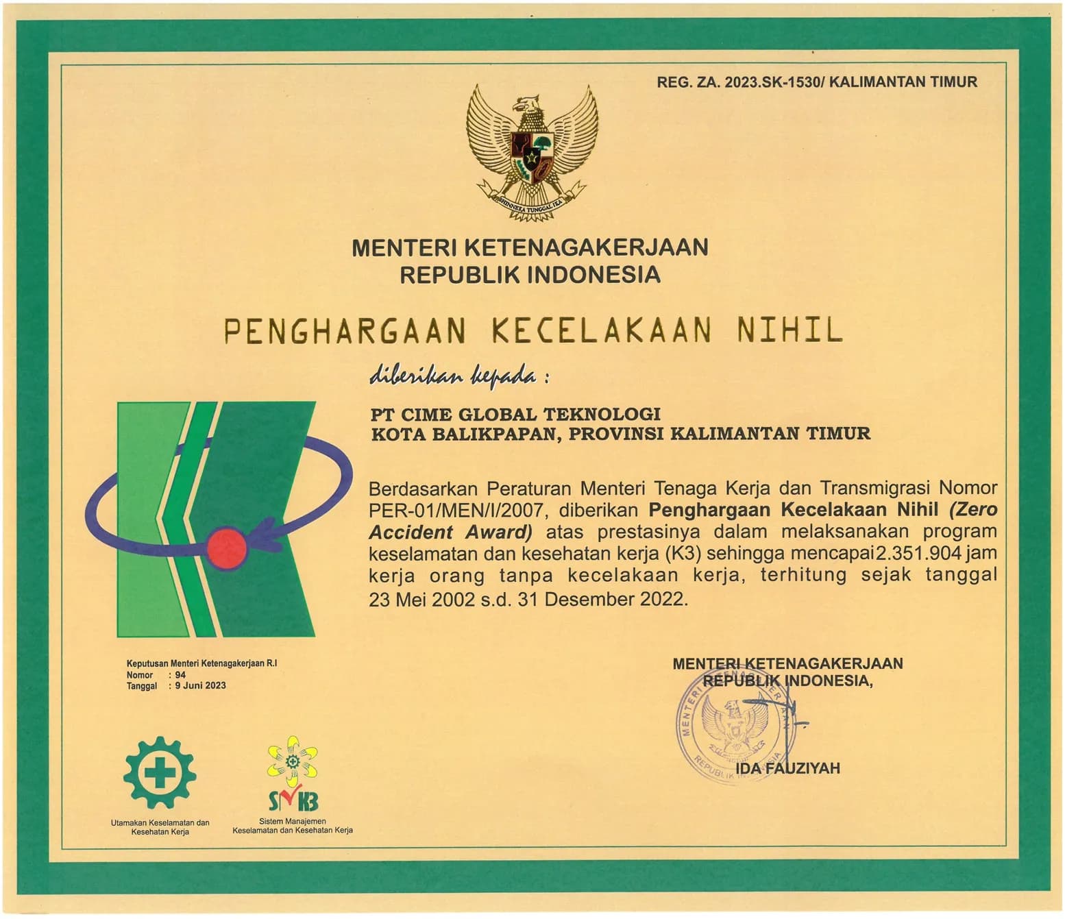 Zero Accident Award — 2,351,904 jam kerja